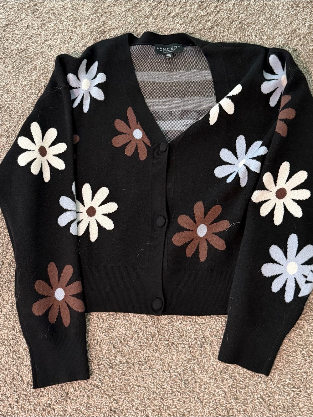 Laundry By Shelli Segal Black Floral Daisy V-Neck Cardigan